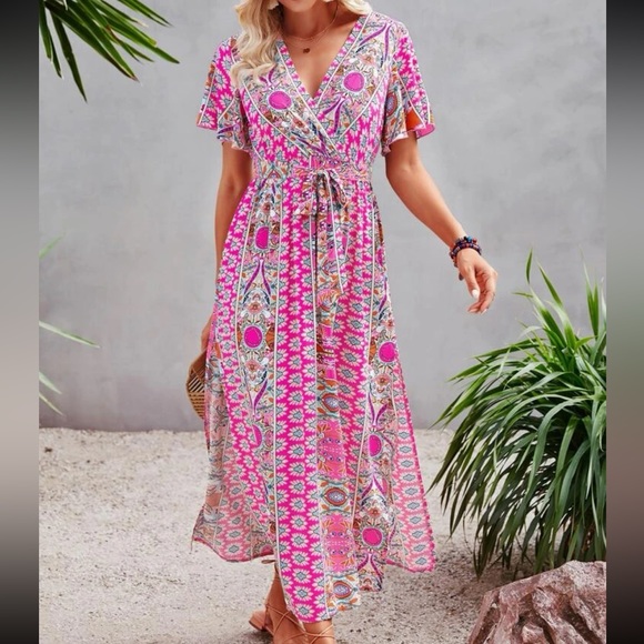 Boho Floral Paisley Print Side Silt Cottagecore Dress Navy Blue - Picture 5 of 12